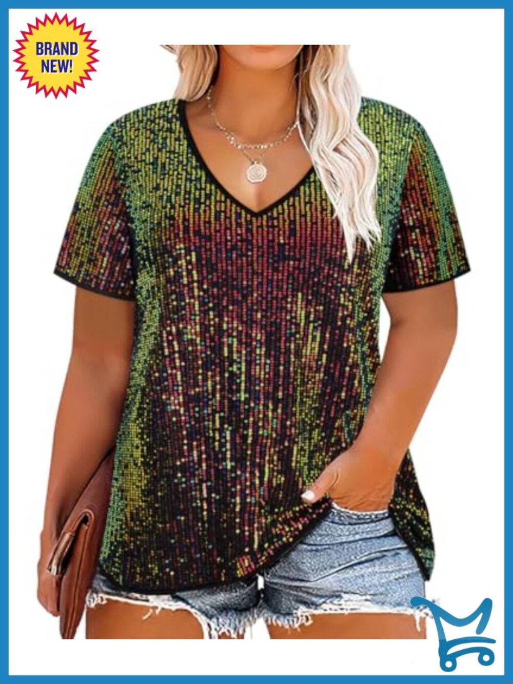 Plus Size Sequin Top V Neck Short Sleeve Glitter Party Blouse
